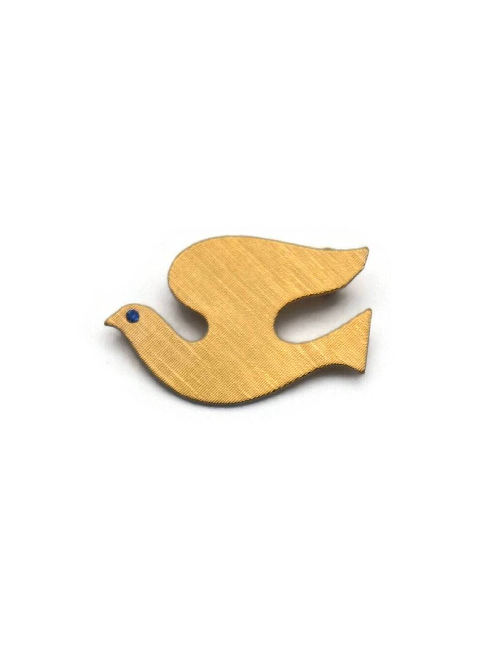 Vintage Brushed Gold Tone Dove Brooch with Blue Rhinestone Eye.
